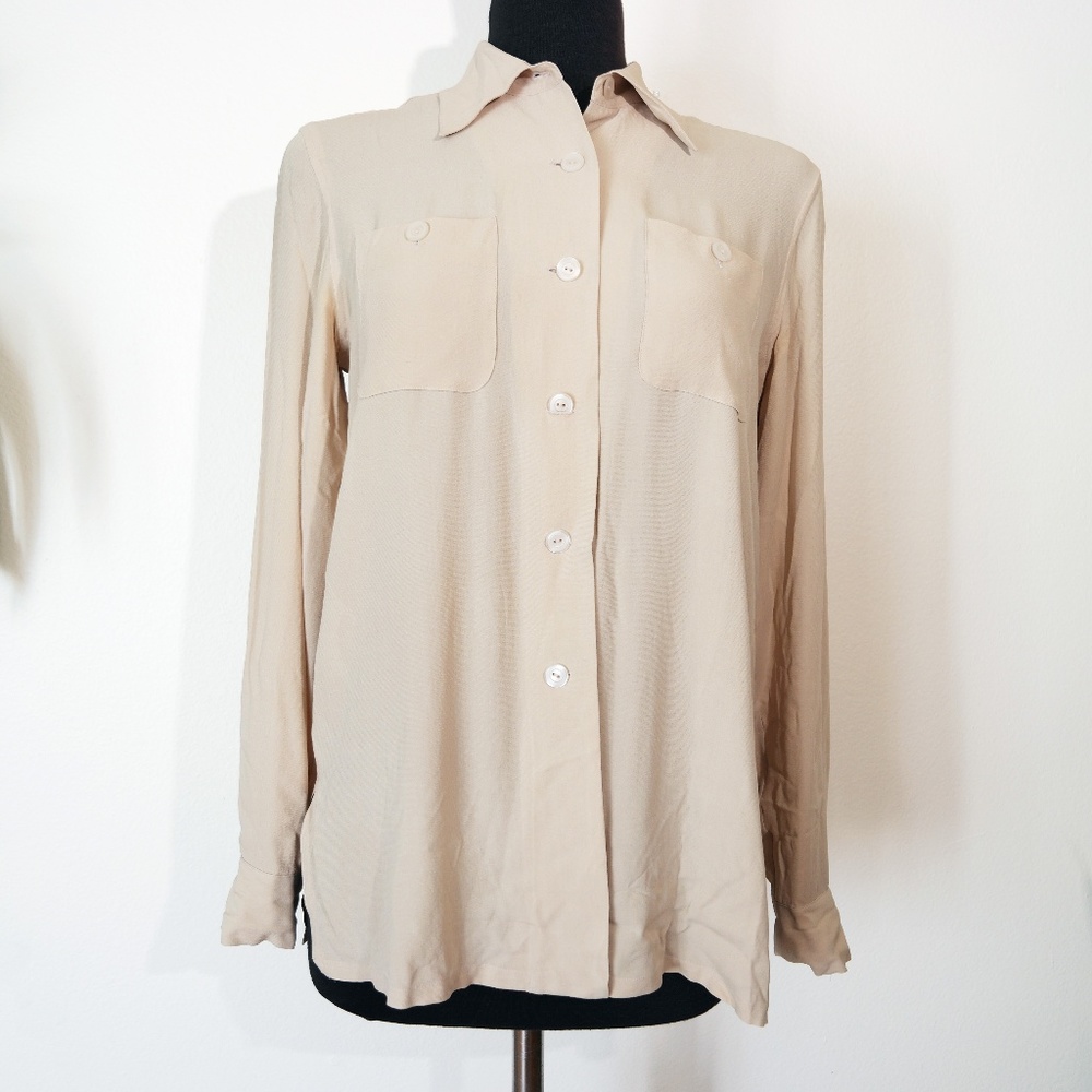 Morgan Taylor Beige Button-Down Long Sleeve Silk Shirt